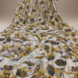 Floral Leaf Print Net Fabric – Grey Leaf & Gold Sequin Scrollwork Embellished