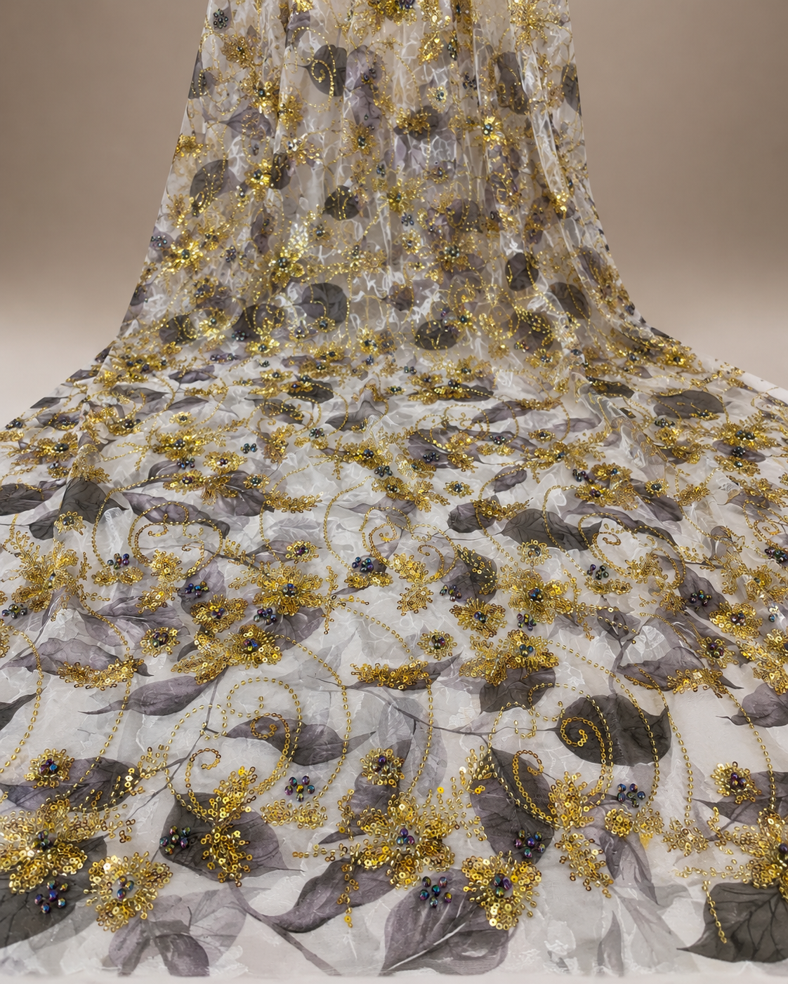 Floral Leaf Print Net Fabric – Grey Leaf & Gold Sequin Scrollwork Embellished