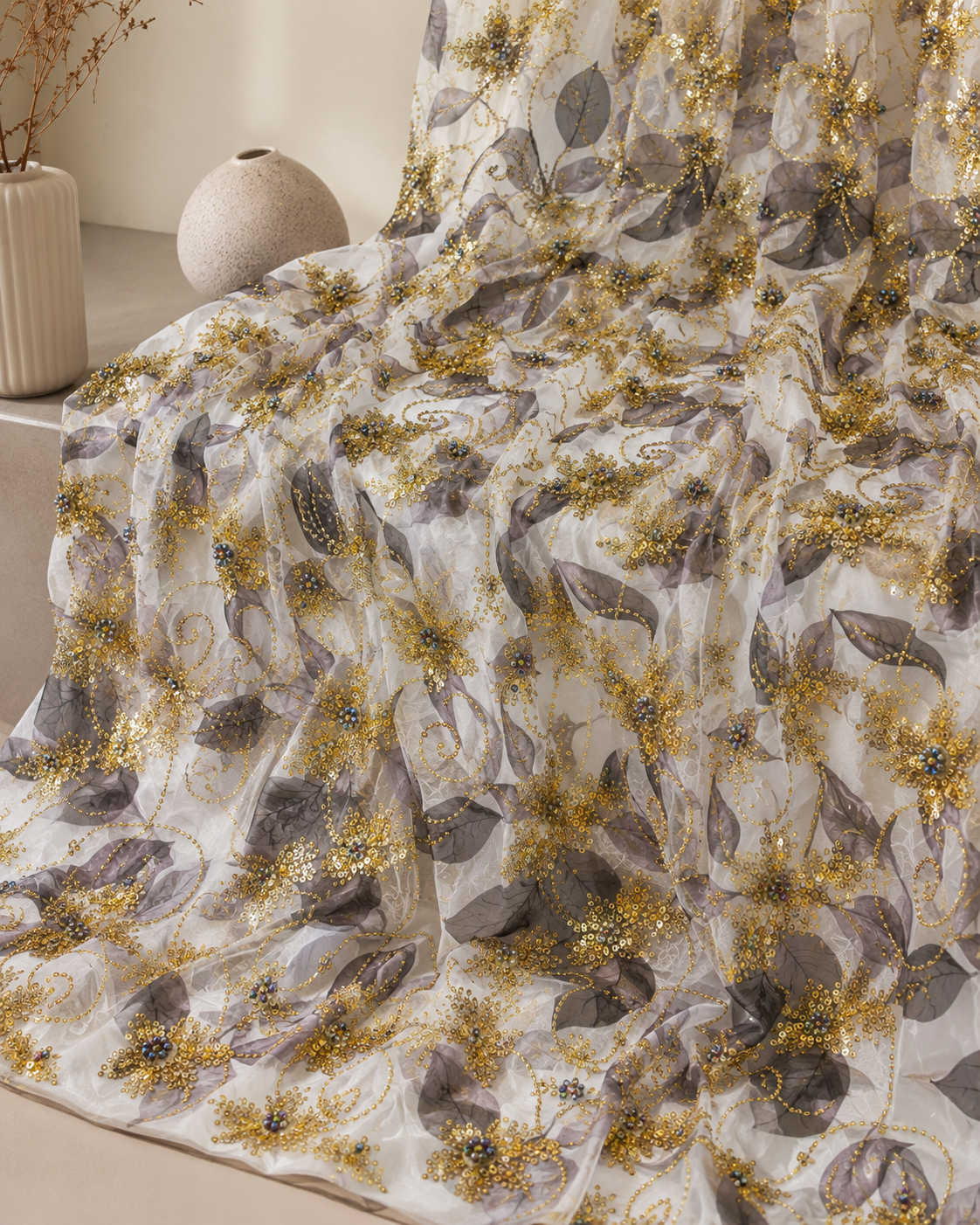 Floral Leaf Print Net Fabric – Grey Leaf & Gold Sequin Scrollwork Embellished - Image 2
