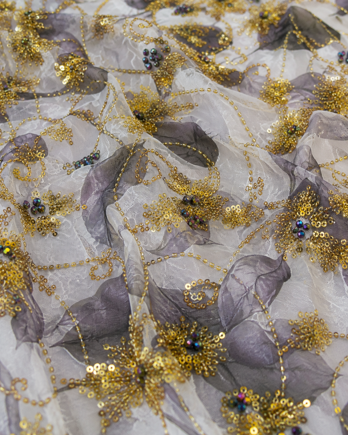 Floral Leaf Print Net Fabric – Grey Leaf & Gold Sequin Scrollwork Embellished - Image 3