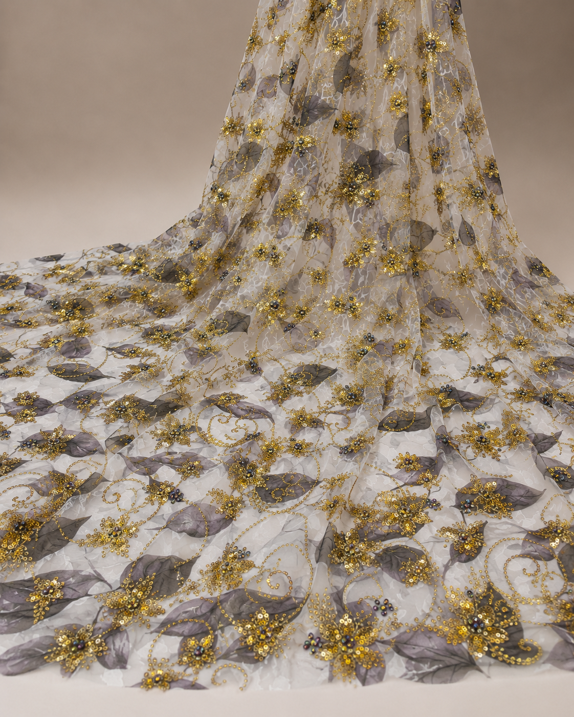 Floral Leaf Print Net Fabric – Grey Leaf & Gold Sequin Scrollwork Embellished - Image 4