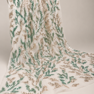 Sequin Net Fabric – Mint Green & Champagne Leaf Branch Scatter