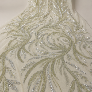 Bridal Net Fabric – Ivory Sage Green Feather Swirl Bead & Sequin Embroidered