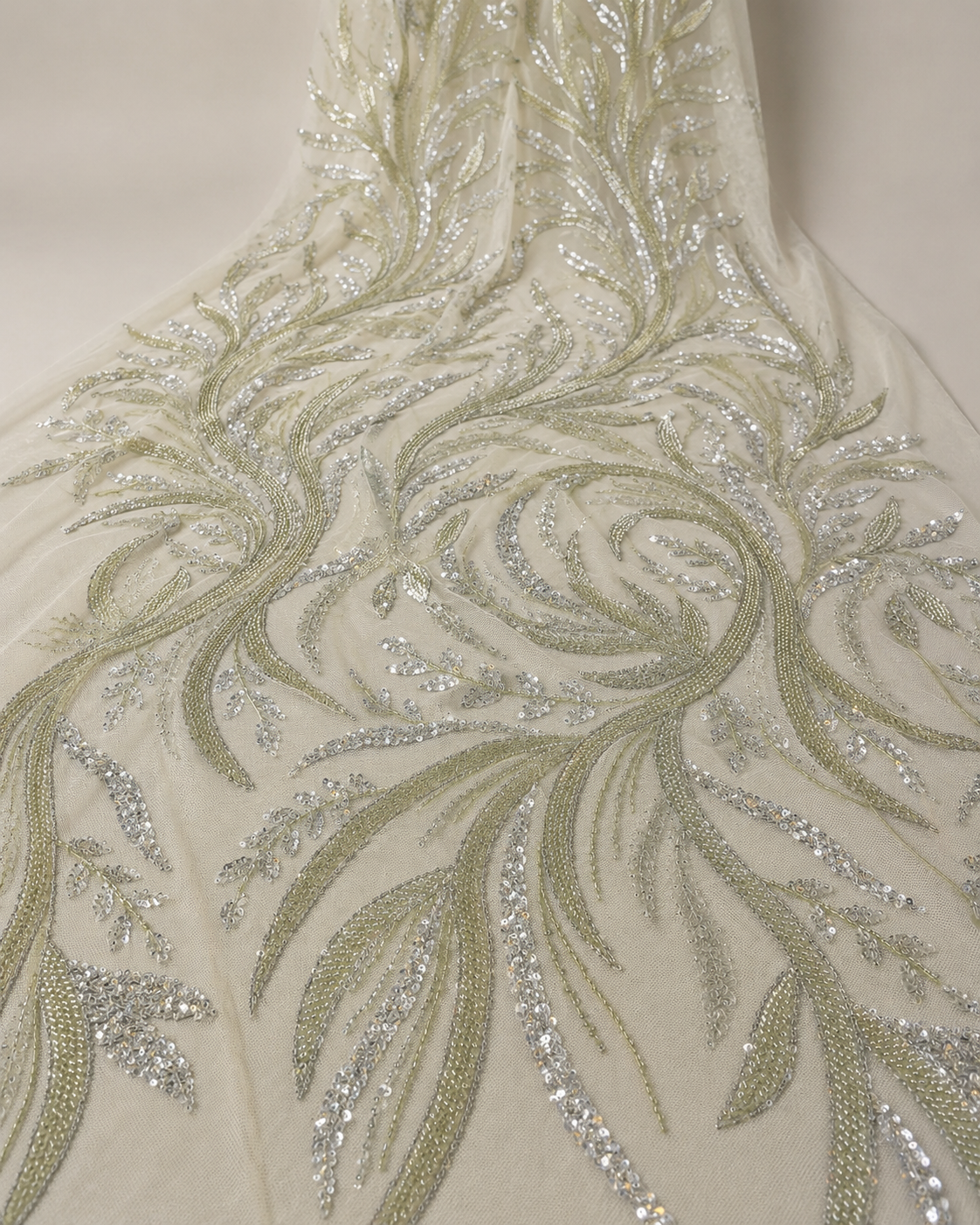 Bridal Net Fabric – Ivory Sage Green Feather Swirl Bead & Sequin Embroidered