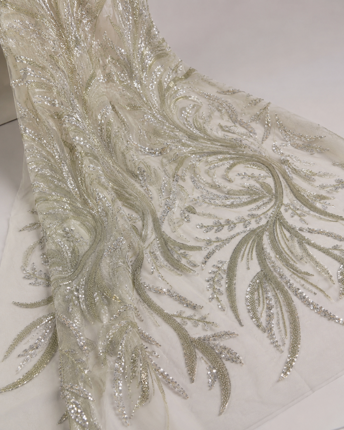 Bridal Net Fabric – Ivory Sage Green Feather Swirl Bead & Sequin Embroidered - Image 2