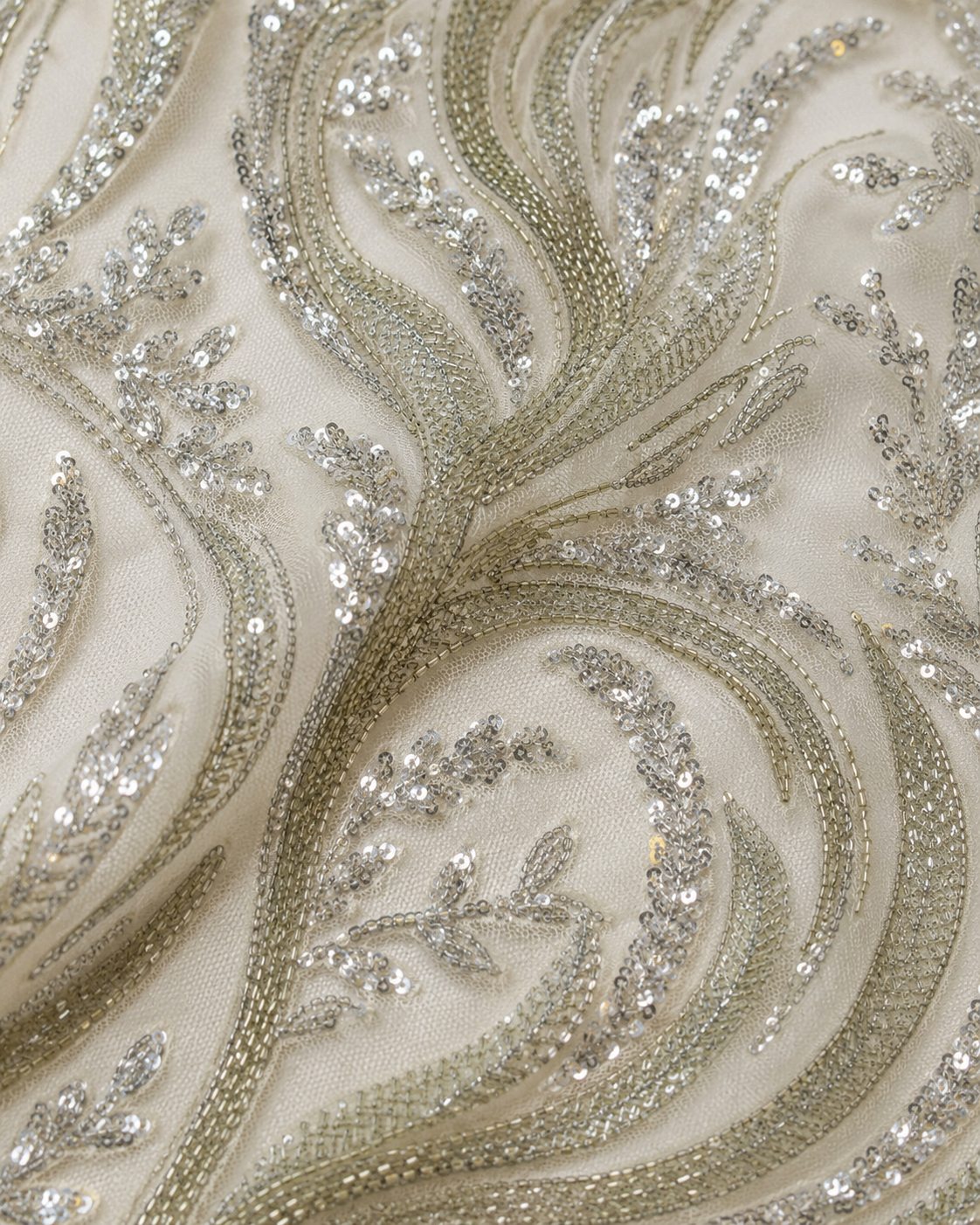 Bridal Net Fabric – Ivory Sage Green Feather Swirl Bead & Sequin Embroidered - Image 3
