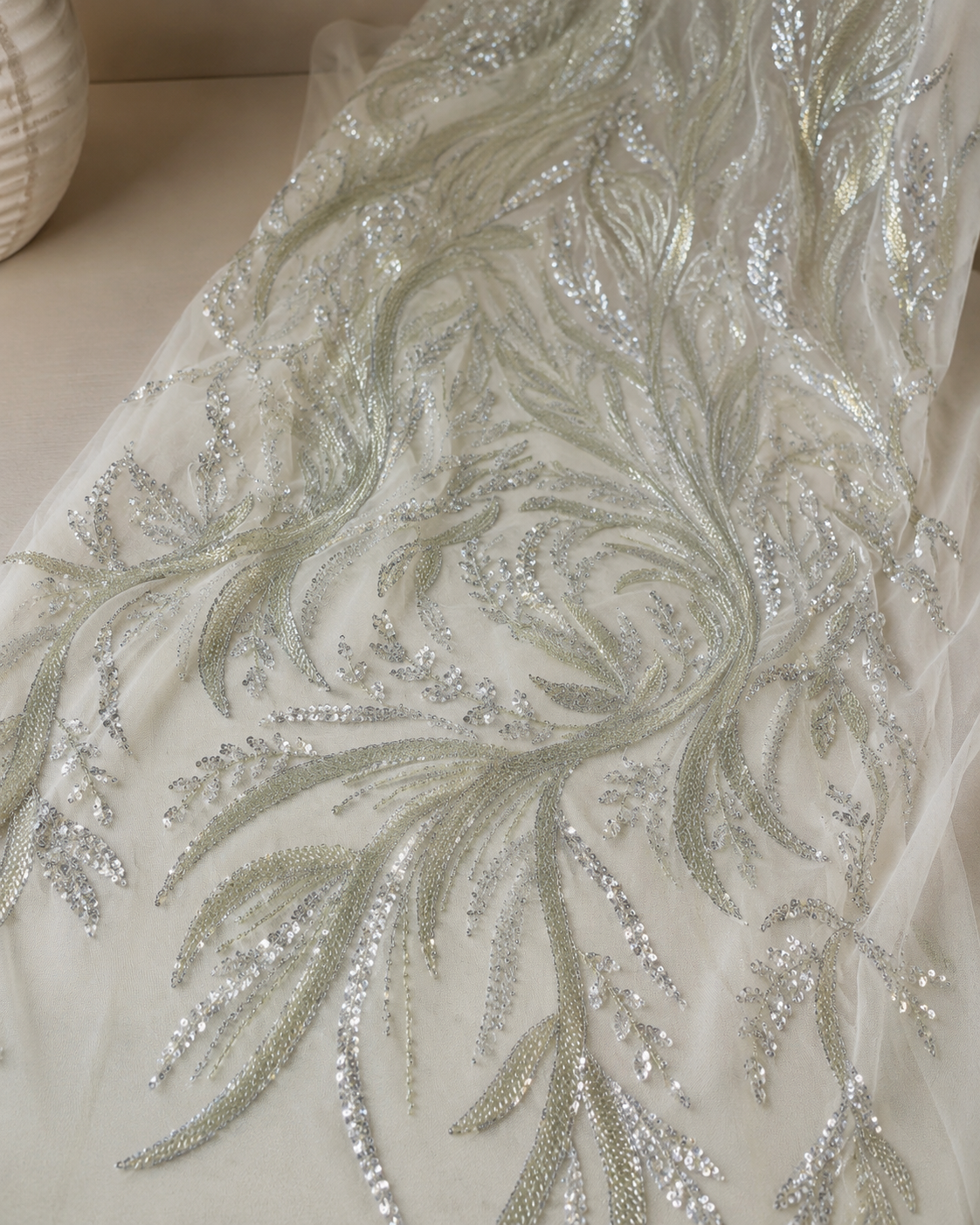 Bridal Net Fabric – Ivory Sage Green Feather Swirl Bead & Sequin Embroidered - Image 4