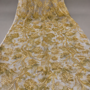 Floral Print Net Fabric – Gold Sequin & Bead Scrollwork on Olive Floral Print
