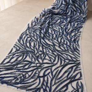 Embellished Net Fabric – Navy Blue Leaf Branch Bead & Sequin Embroidered