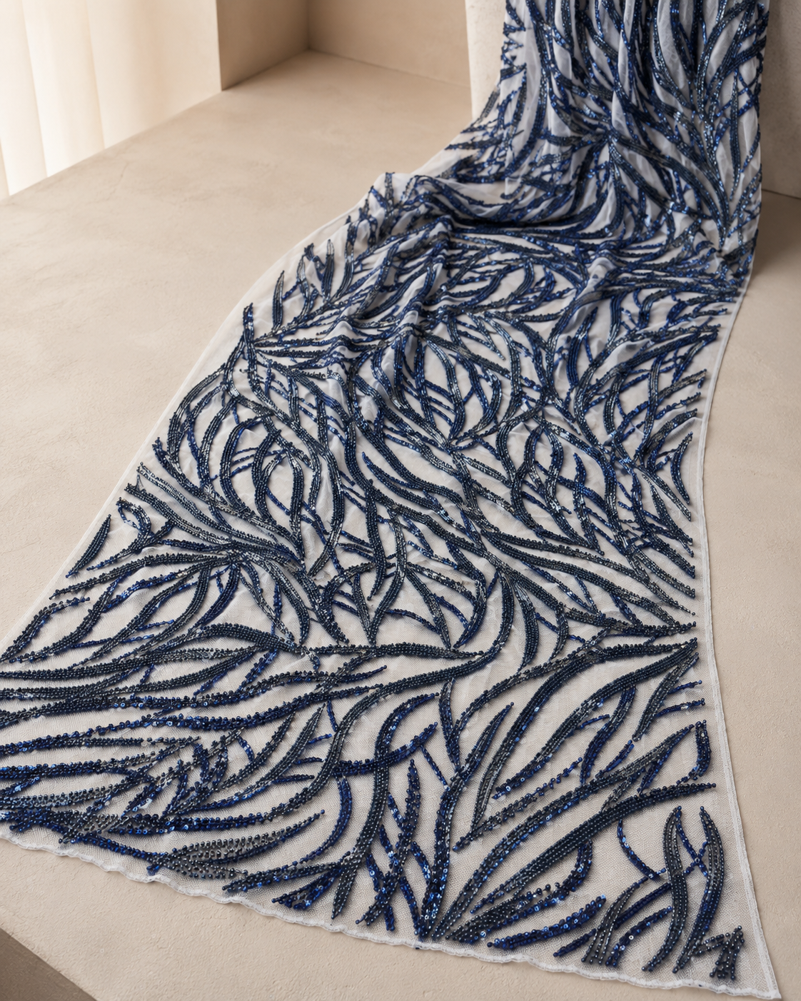 Embellished Net Fabric – Navy Blue Leaf Branch Bead & Sequin Embroidered