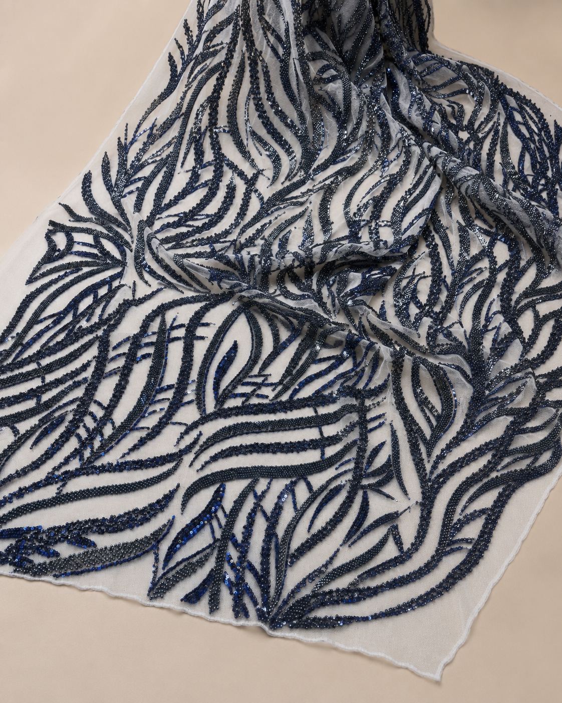 Embellished Net Fabric – Navy Blue Leaf Branch Bead & Sequin Embroidered - Image 2