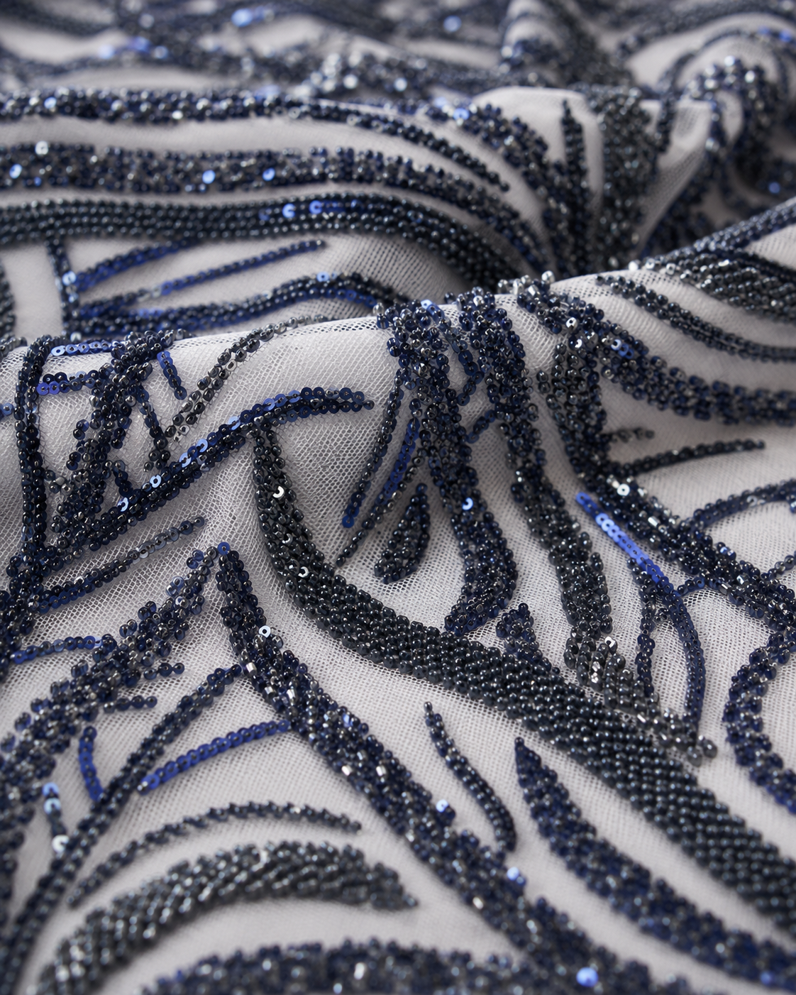 Embellished Net Fabric – Navy Blue Leaf Branch Bead & Sequin Embroidered - Image 3