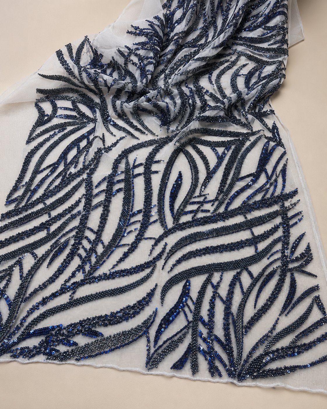 Embellished Net Fabric – Navy Blue Leaf Branch Bead & Sequin Embroidered - Image 4
