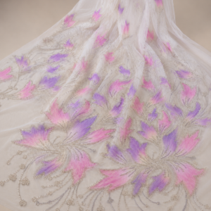 Bridal Net Fabric – Pink & Purple Feather Floral with Pearl Bead Scrollwork