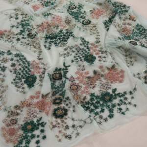 Embellished Net Fabric – Mint Green Floral Garden Bead & Sequin Embroidered