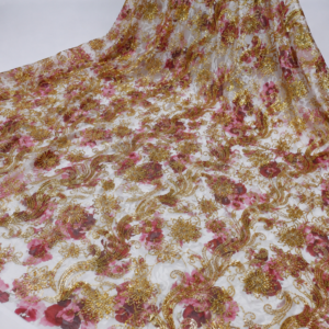 Floral Print Net Fabric – Rose Pink & Gold Baroque Scrollwork Embellished