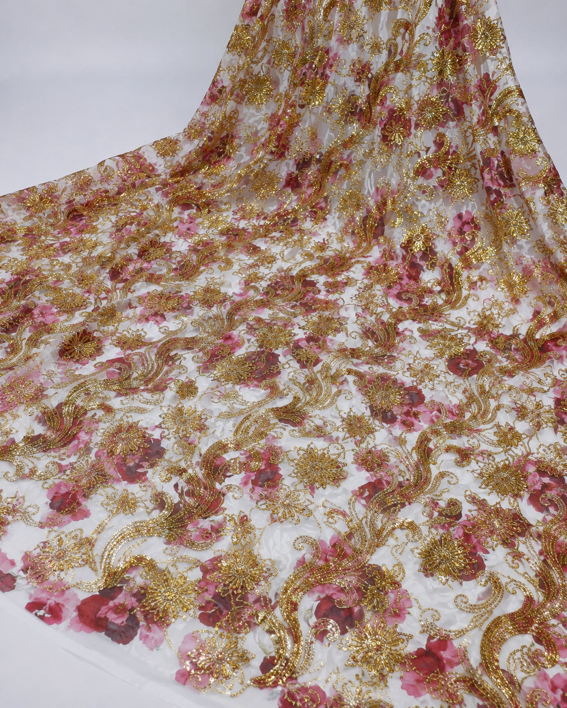 Floral Print Net Fabric – Rose Pink & Gold Baroque Scrollwork Embellished