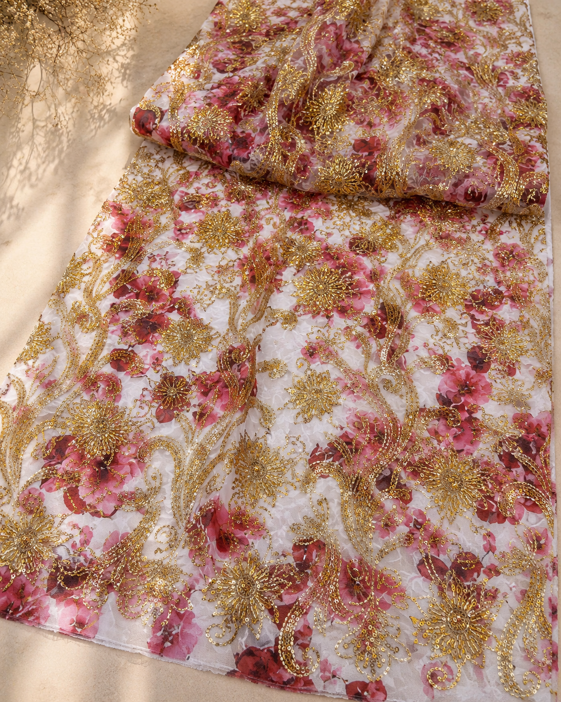 Floral Print Net Fabric – Rose Pink & Gold Baroque Scrollwork Embellished - Image 2