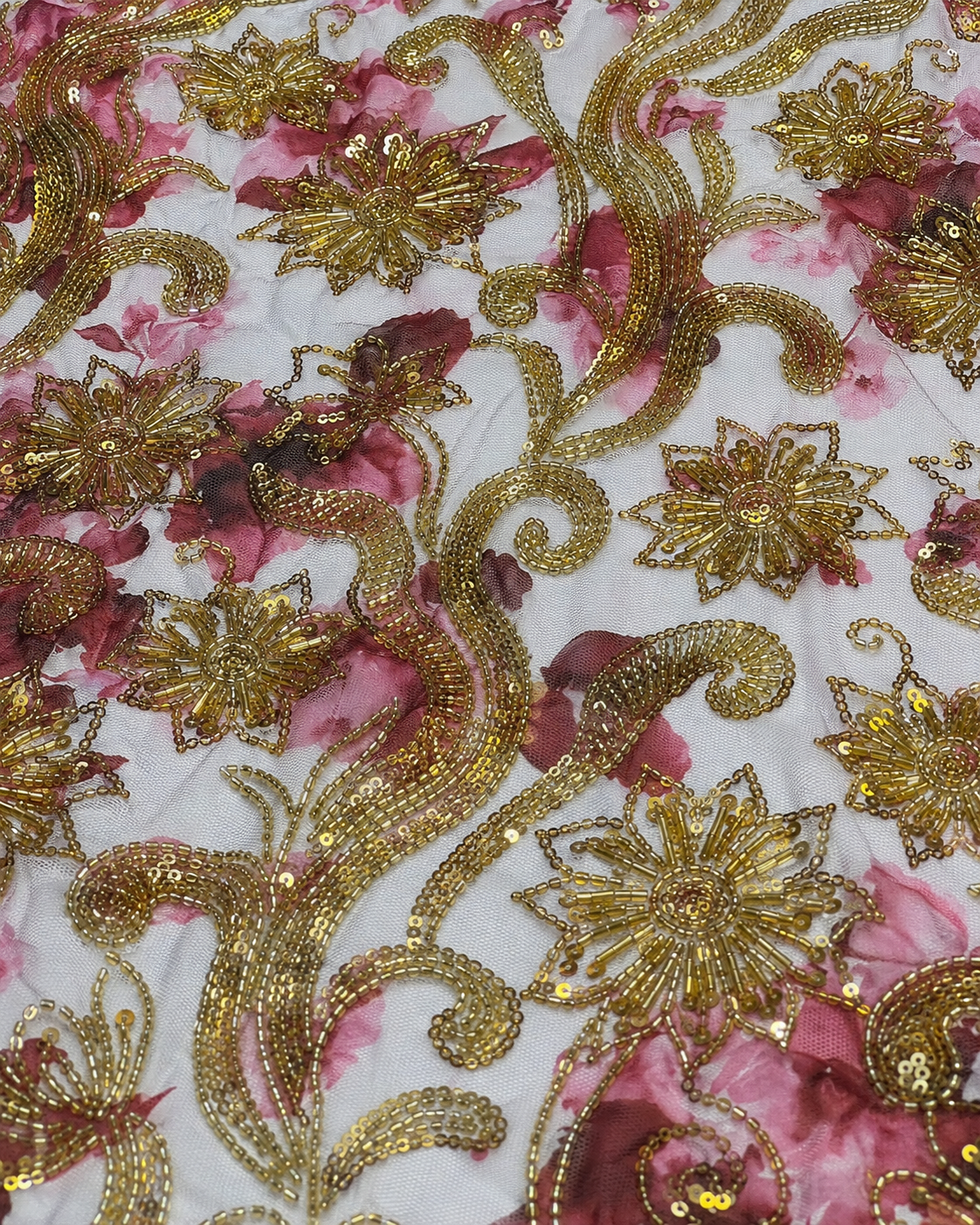 Floral Print Net Fabric – Rose Pink & Gold Baroque Scrollwork Embellished - Image 3