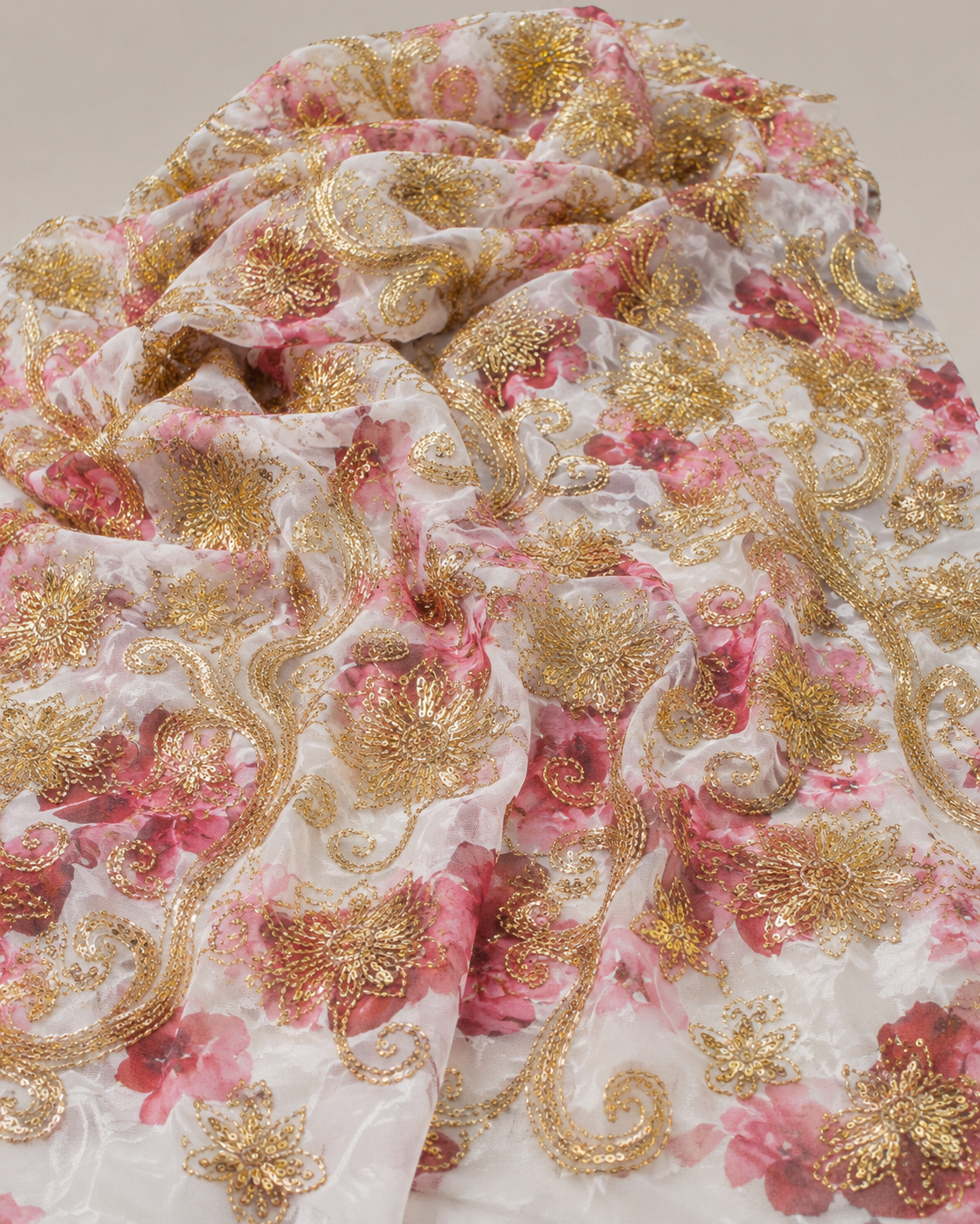 Floral Print Net Fabric – Rose Pink & Gold Baroque Scrollwork Embellished - Image 4