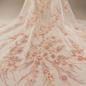 Bridal Net Fabric – Blush Pink & Champagne Floral Spray Heavy Bead Embroidered