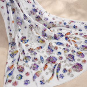Printed Net Fabric – Multicolour Watercolour Floral Appliqué with Pearl & Silver Bead Border
