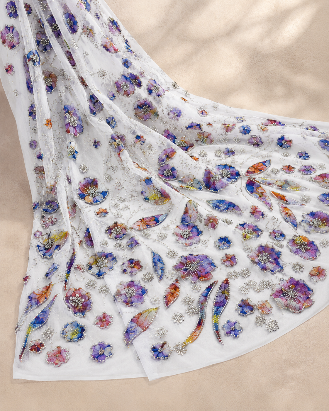 Printed Net Fabric – Multicolour Watercolour Floral Appliqué with Pearl & Silver Bead Border