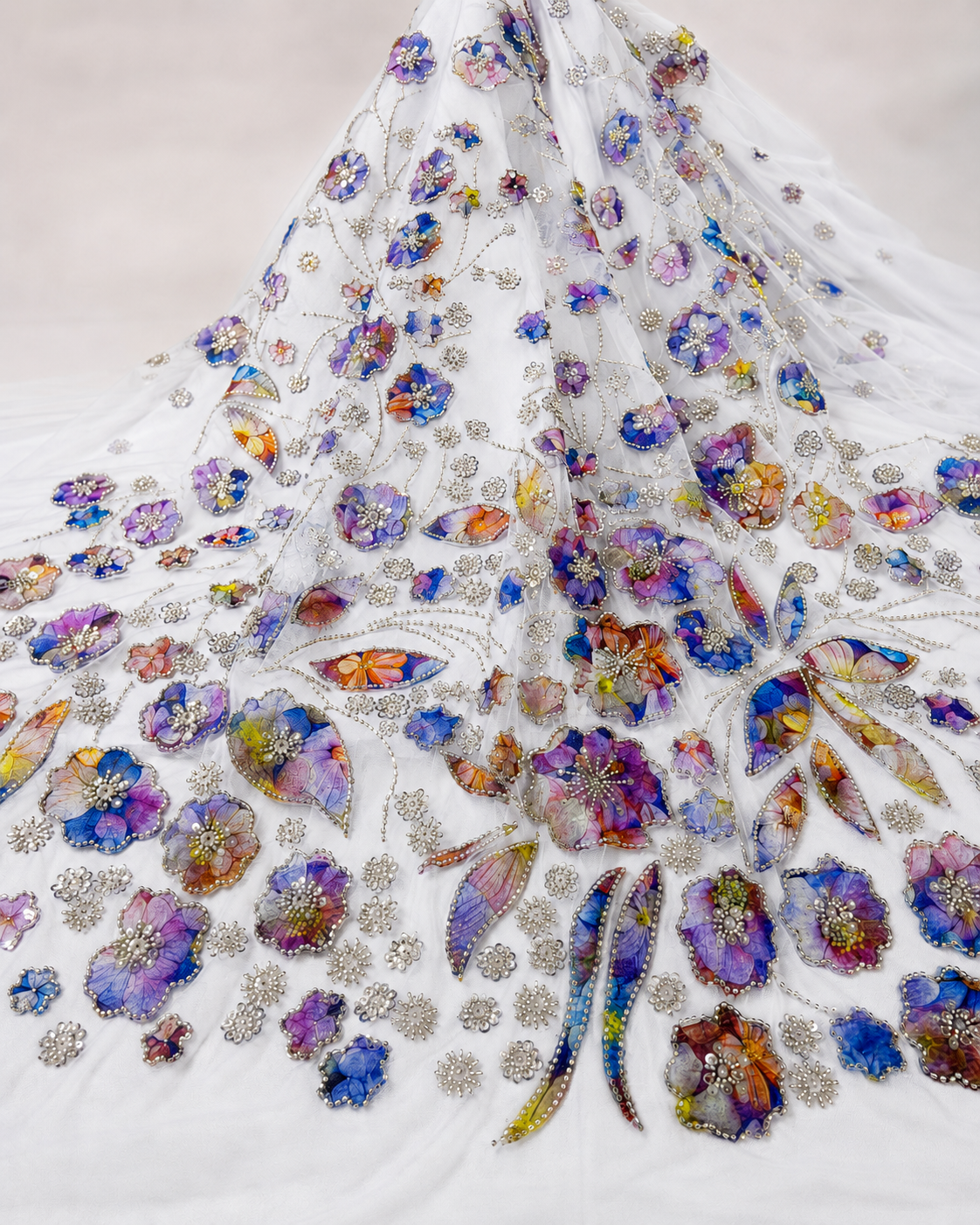 Printed Net Fabric – Multicolour Watercolour Floral Appliqué with Pearl & Silver Bead Border - Image 2