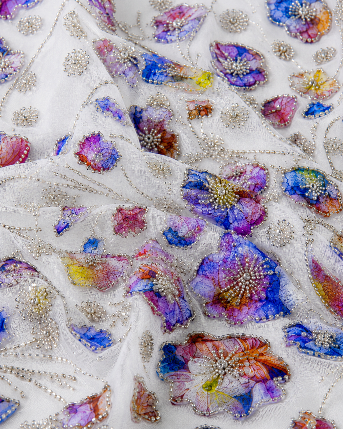 Printed Net Fabric – Multicolour Watercolour Floral Appliqué with Pearl & Silver Bead Border - Image 3