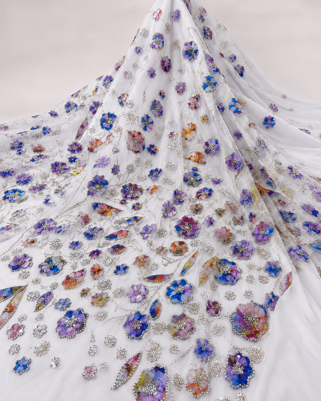 Printed Net Fabric – Multicolour Watercolour Floral Appliqué with Pearl & Silver Bead Border - Image 4