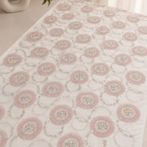 Embellished Net Fabric – Blush Pink 3D Ruffle Rosette with Multicolour Bead Centres
