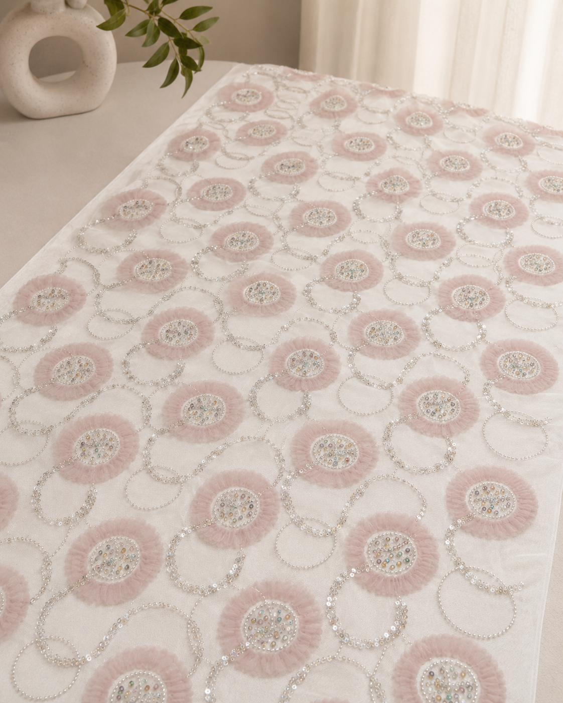 Embellished Net Fabric – Blush Pink 3D Ruffle Rosette with Multicolour Bead Centres