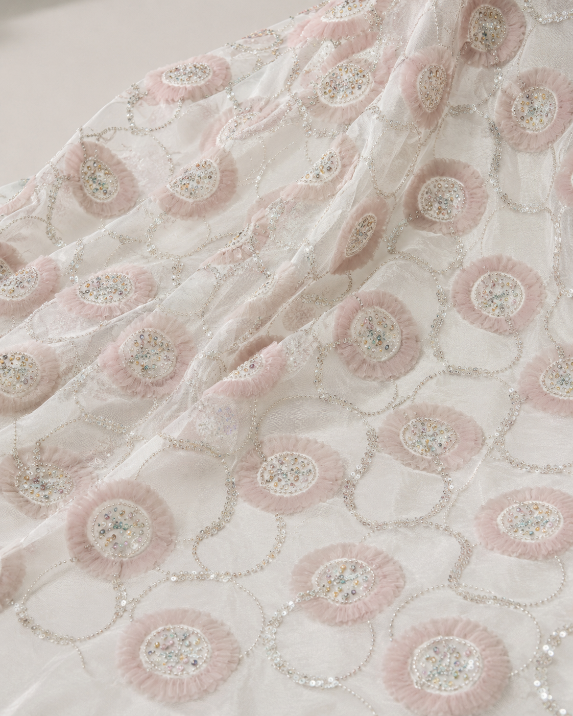Embellished Net Fabric – Blush Pink 3D Ruffle Rosette with Multicolour Bead Centres - Image 2