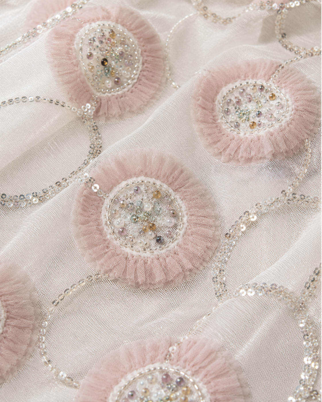 Embellished Net Fabric – Blush Pink 3D Ruffle Rosette with Multicolour Bead Centres - Image 3