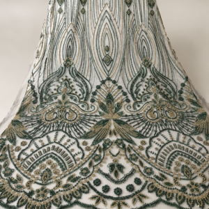 Bridal Net Fabric – Hunter Green & Champagne Art Deco Heavy Pearl & Bead Embroidered