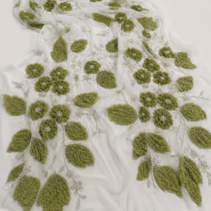Embellished Net Fabric – Olive Green 3D Ruffle Flower & Leaf Appliqué with Pearl Beadwork
