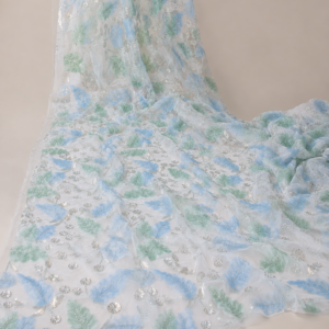 Printed Net Fabric – Sky Blue & Mint Green Leaf Print with Silver Sequin Scatter