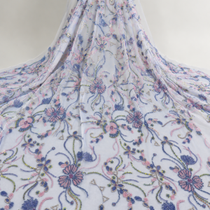 Bridal Net Fabric – White Multicolour Floral Scrollwork Bead Embroidered