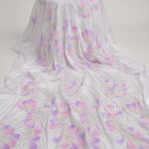Printed Net Fabric – White Pastel Petal Floral with Silver Bead & Sequin Swirl