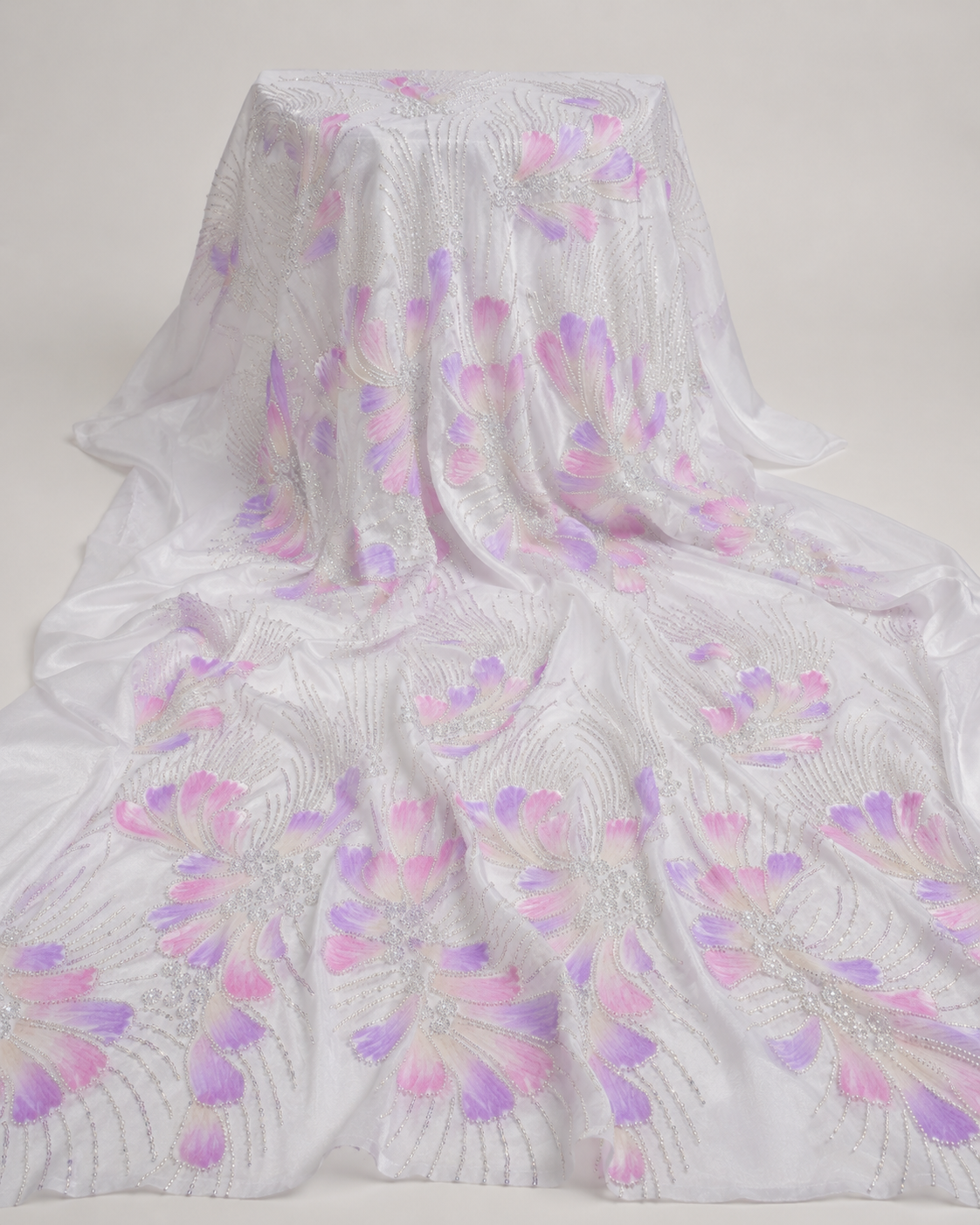 Printed Net Fabric – White Pastel Petal Floral with Silver Bead & Sequin Swirl