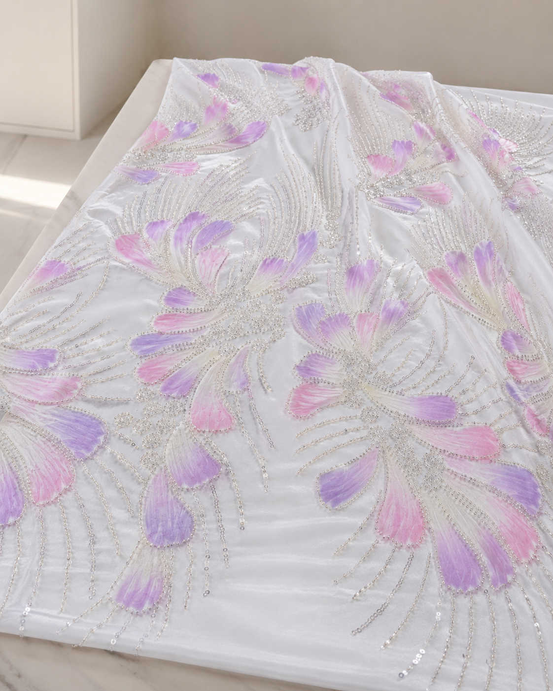 Printed Net Fabric – White Pastel Petal Floral with Silver Bead & Sequin Swirl - Image 2