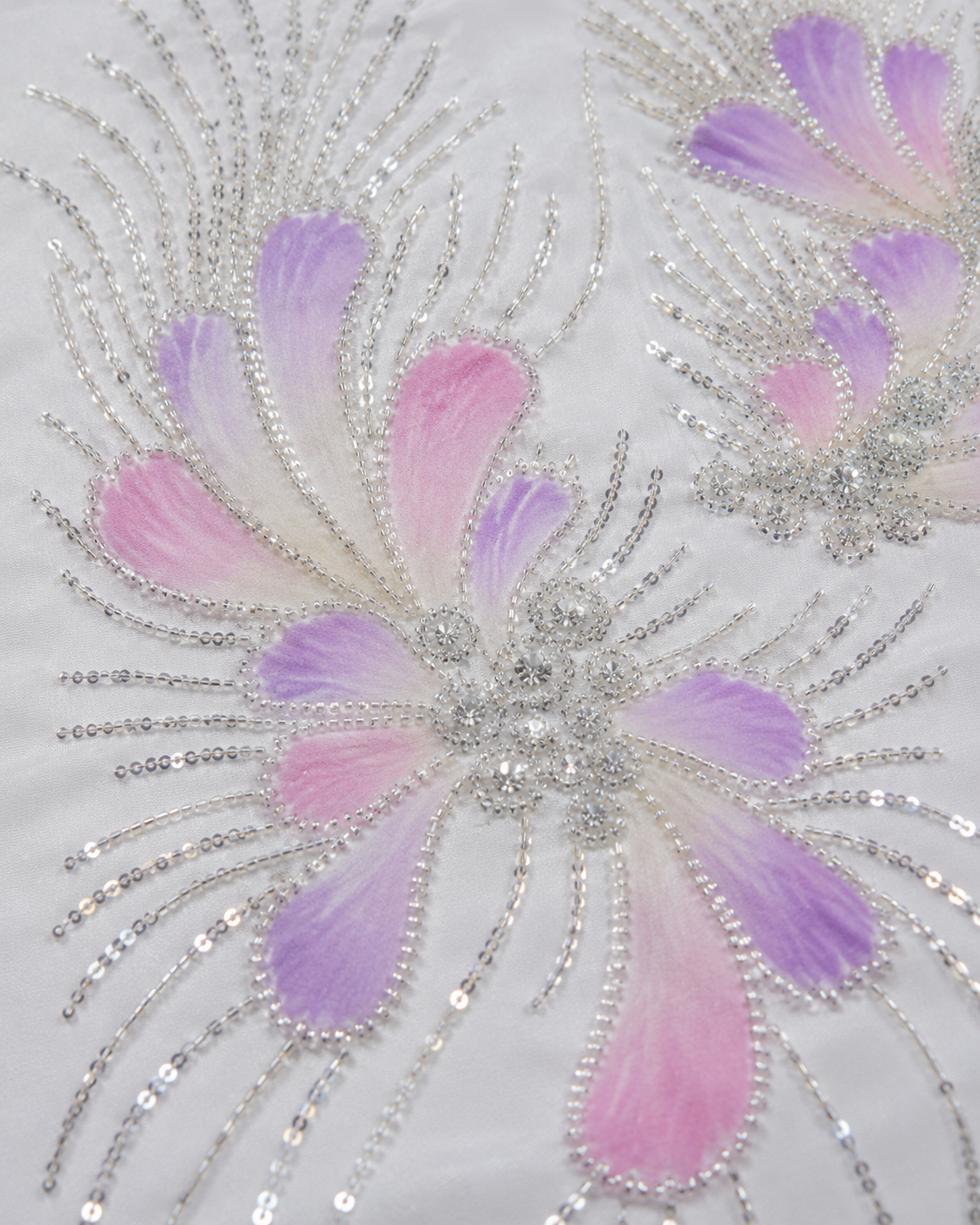 Printed Net Fabric – White Pastel Petal Floral with Silver Bead & Sequin Swirl - Image 3