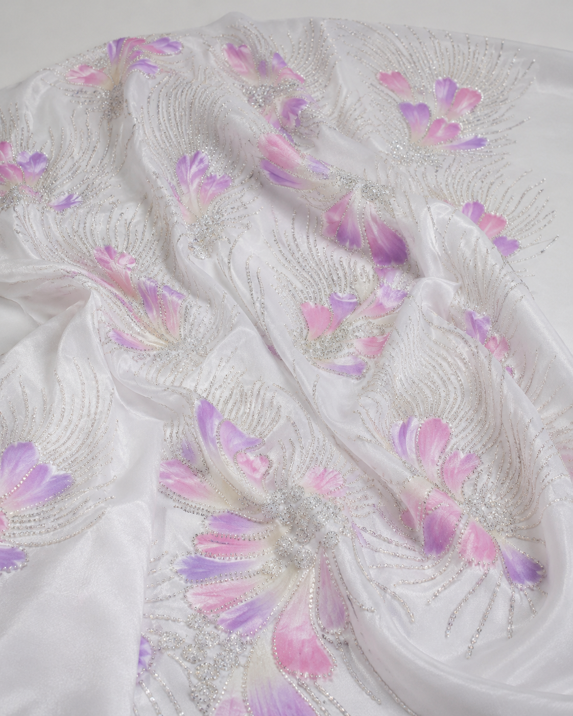 Printed Net Fabric – White Pastel Petal Floral with Silver Bead & Sequin Swirl - Image 4