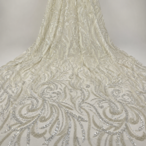 Bridal Net Fabric – Ivory Tonal Swirl & Feather Bead & Sequin Embroidered