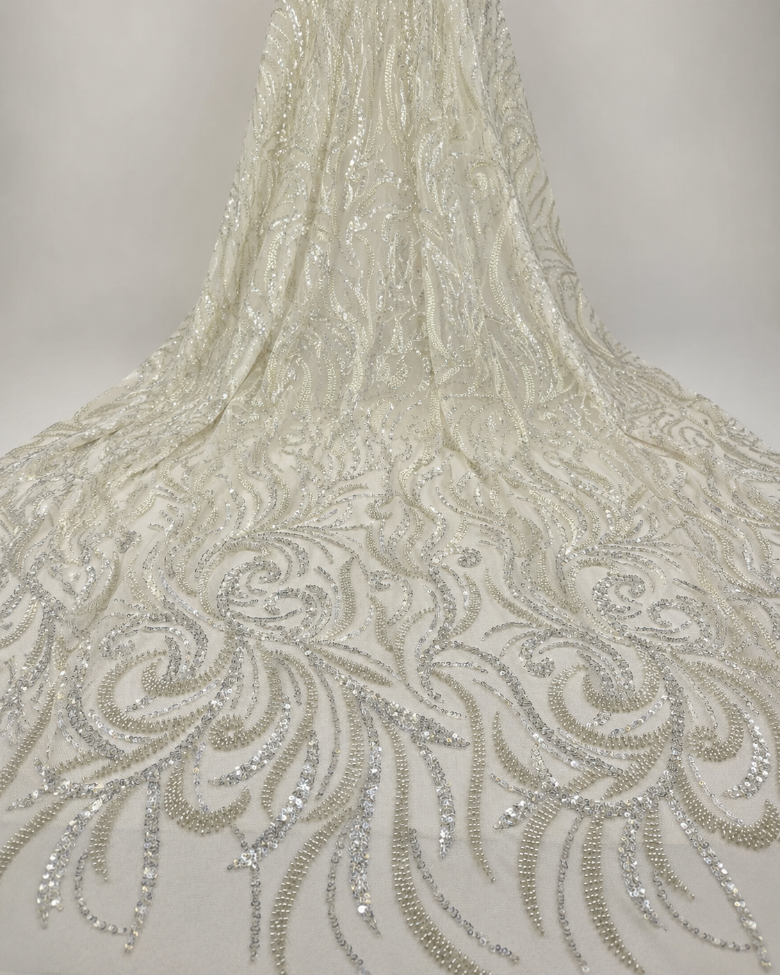 Bridal Net Fabric – Ivory Tonal Swirl & Feather Bead & Sequin Embroidered