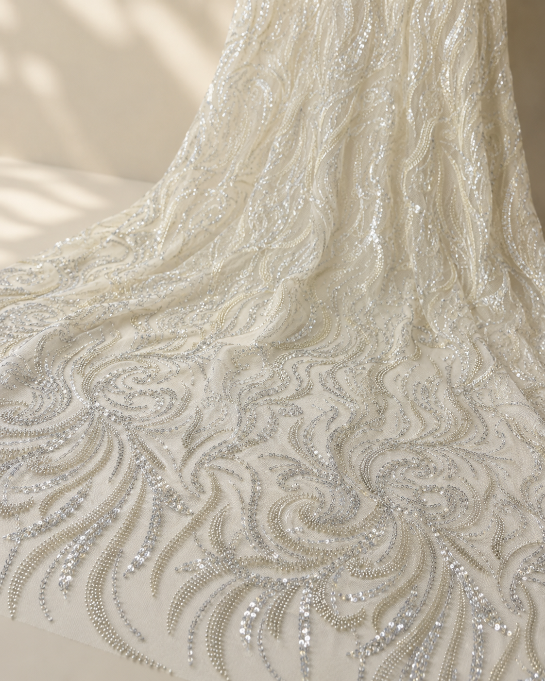 Bridal Net Fabric – Ivory Tonal Swirl & Feather Bead & Sequin Embroidered - Image 2