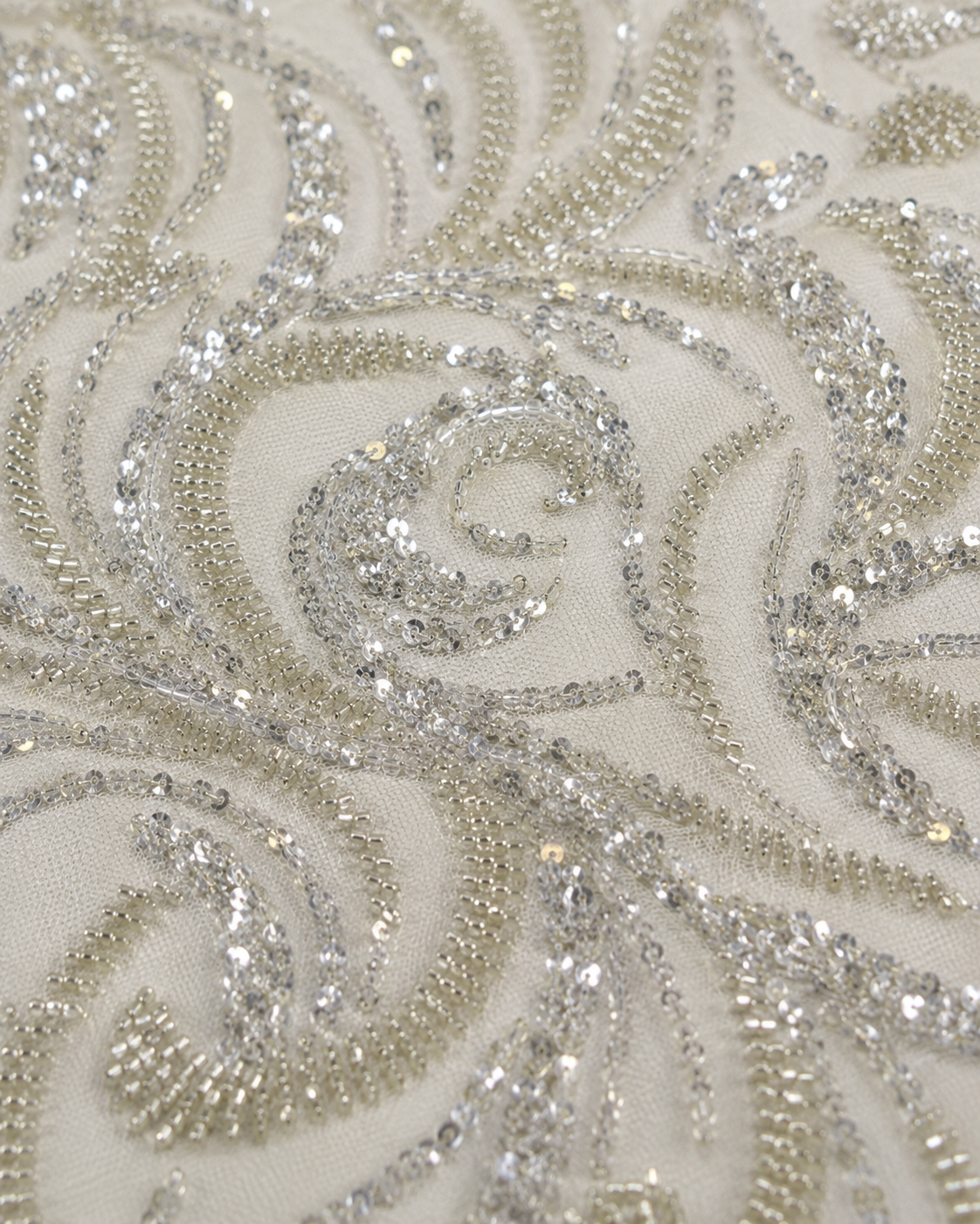 Bridal Net Fabric – Ivory Tonal Swirl & Feather Bead & Sequin Embroidered - Image 3