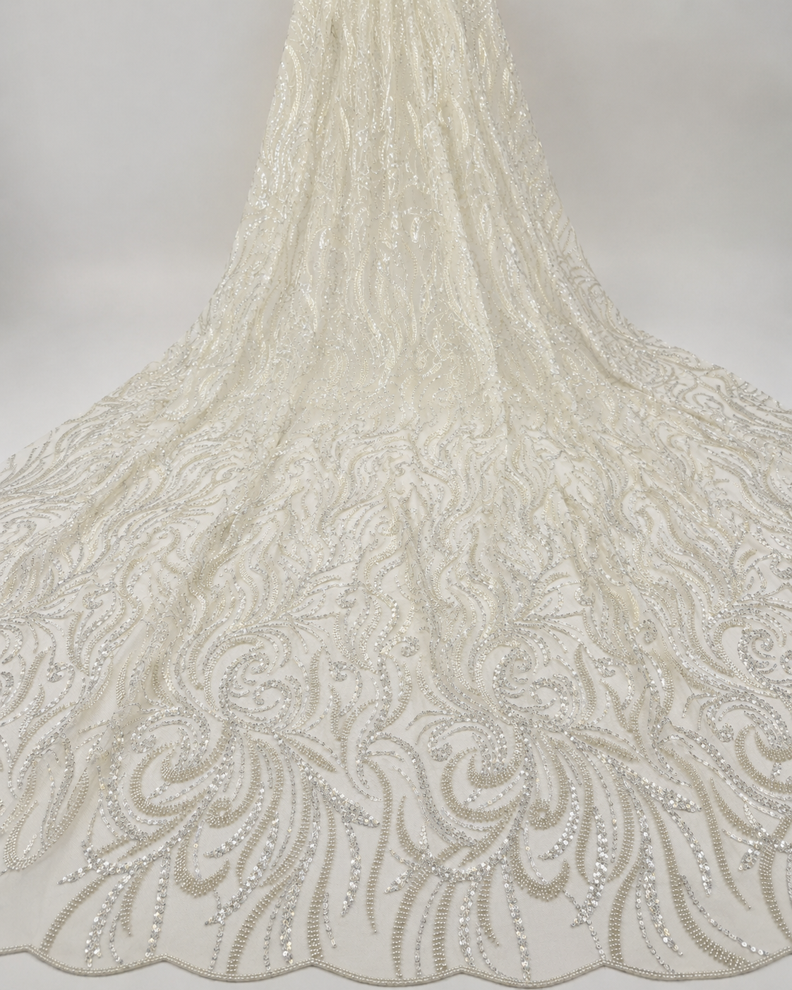 Bridal Net Fabric – Ivory Tonal Swirl & Feather Bead & Sequin Embroidered - Image 4