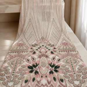 Bridal Net Fabric – Blush Pink & Hunter Green Art Deco Geometric Heavy Bead Embroidered