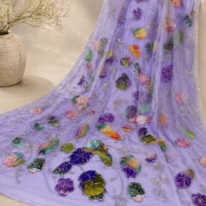 Embellished Net Fabric – Lavender Multicolour Petal Appliqué with Silver Bead Scrollwork